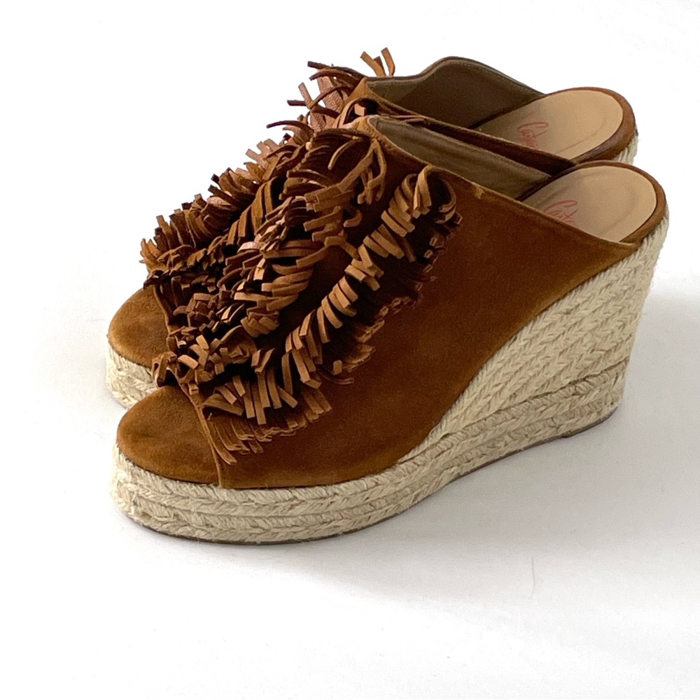 NWOT Castaner Open Toe Brown Suede Fringe Wedges Made In Spain Size 39 US 8